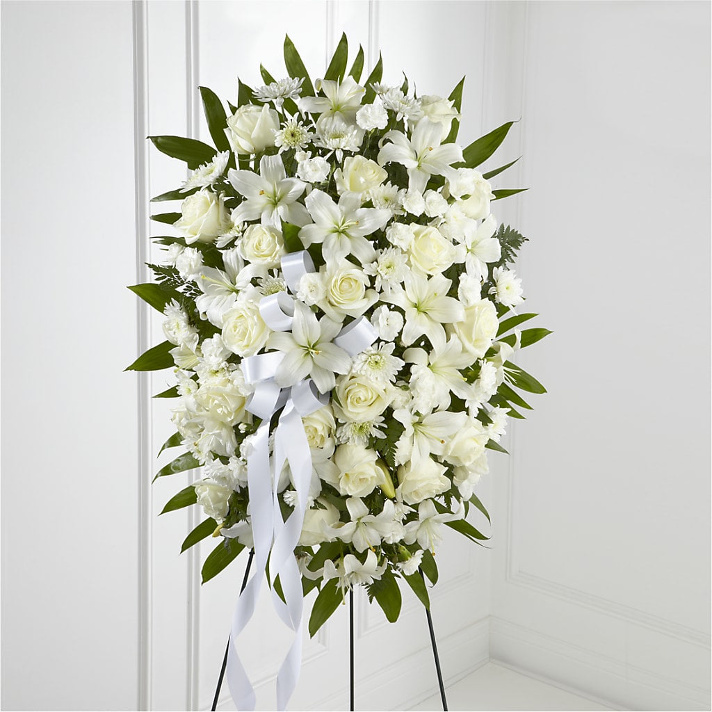 Exquisite Tribute Standing Spray-White Ribbon – Albertsons, Pleasanton CA