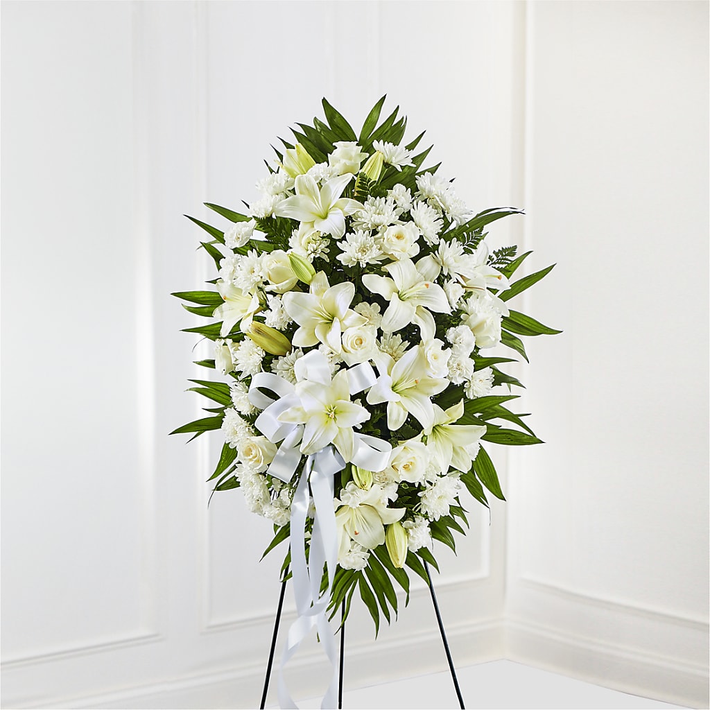 Exquisite Tribute Standing Spray-White Ribbon –  Albertsons, Pleasanton CA