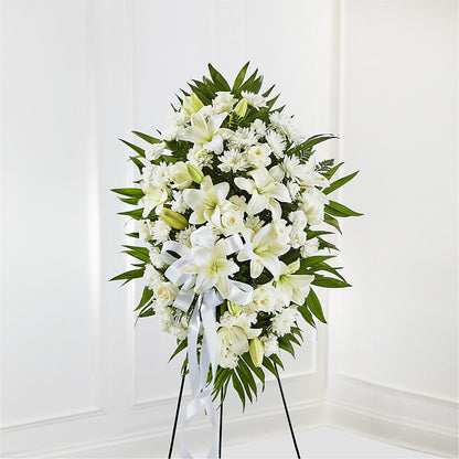 Exquisite Tribute Standing Spray-White Ribbon –  Albertsons, Pleasanton CA